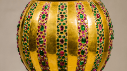 Cresta de cobre con decoraciones con incrustaciones, adornos de joyas y baño de oro.